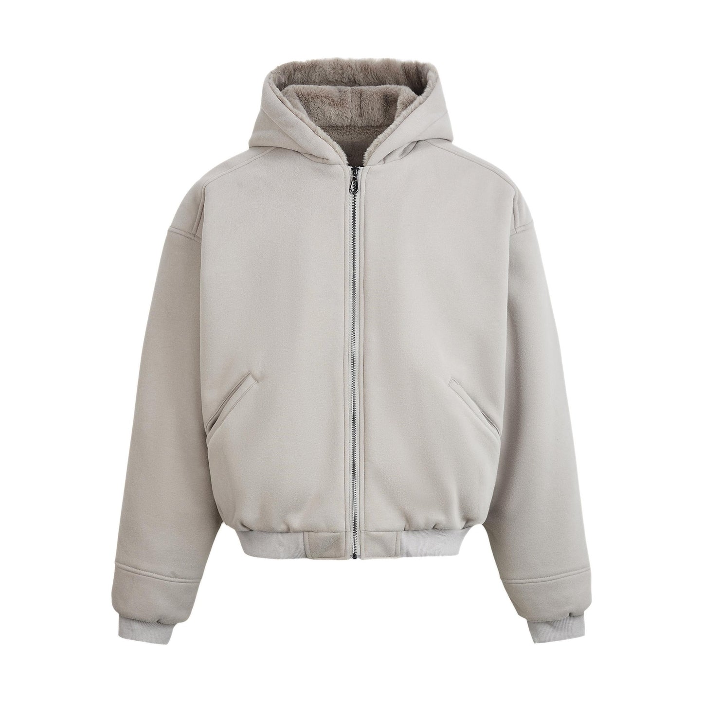 Rabbit Fur Hooded Solid Color Short Wide Zipper Jacket for Men and Women