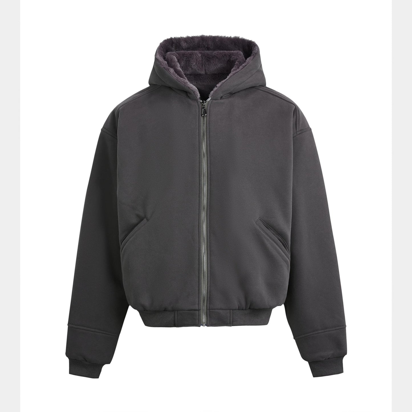 Rabbit Fur Hooded Solid Color Short Wide Zipper Jacket for Men and Women