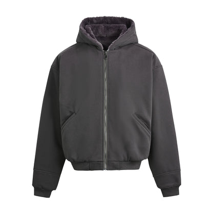 Rabbit Fur Hooded Solid Color Short Wide Zipper Jacket for Men and Women
