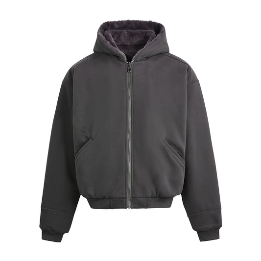Rabbit Fur Hooded Solid Color Short Wide Zipper Jacket for Men and Women