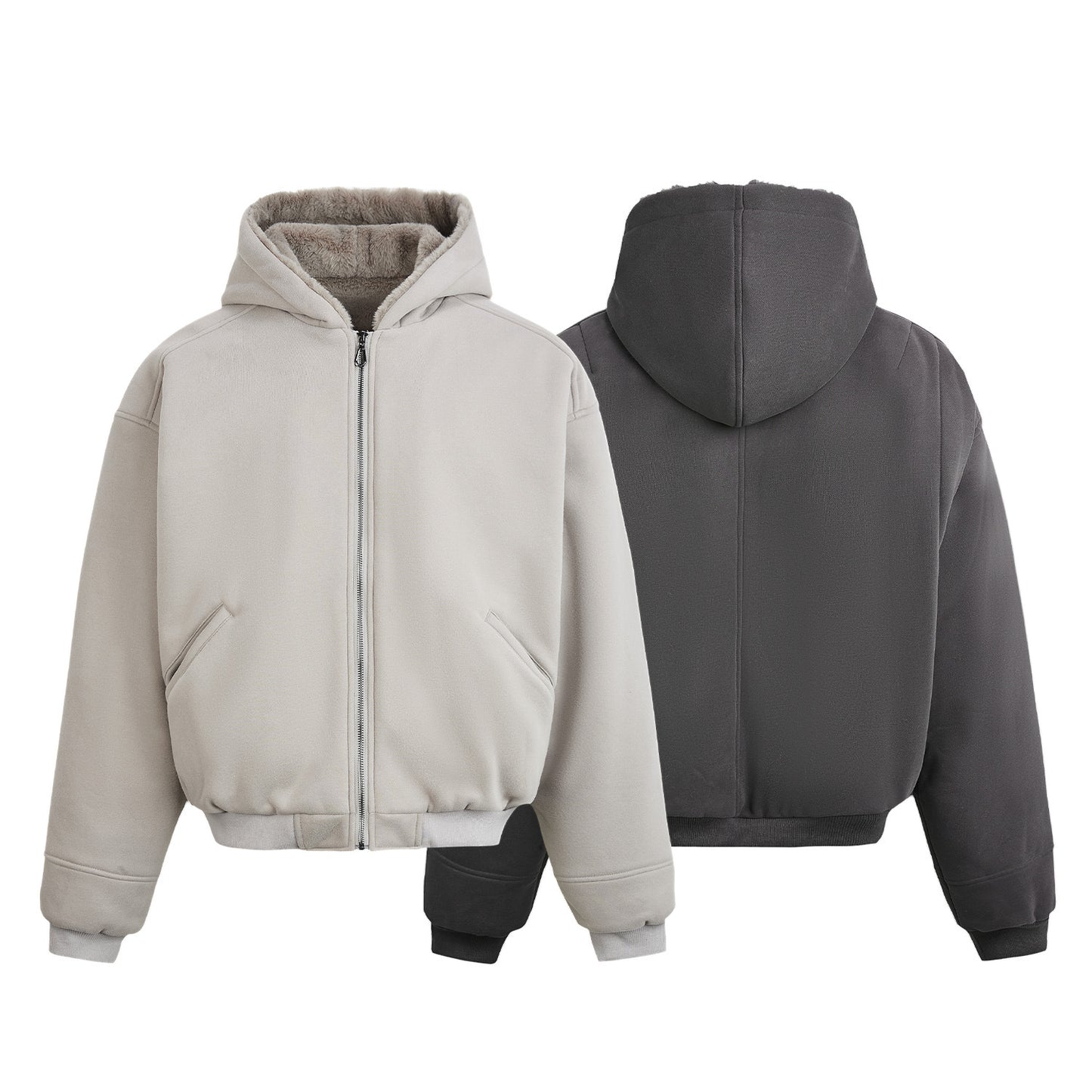Rabbit Fur Hooded Solid Color Short Wide Zipper Jacket for Men and Women