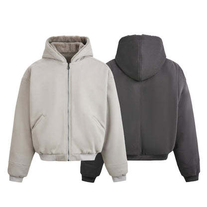 Rabbit Fur Hooded Solid Color Short Wide Zipper Jacket for Men and Women