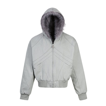Short Wide Mountain Carving Faux Fur Lined Winter Warm Jacket for Men